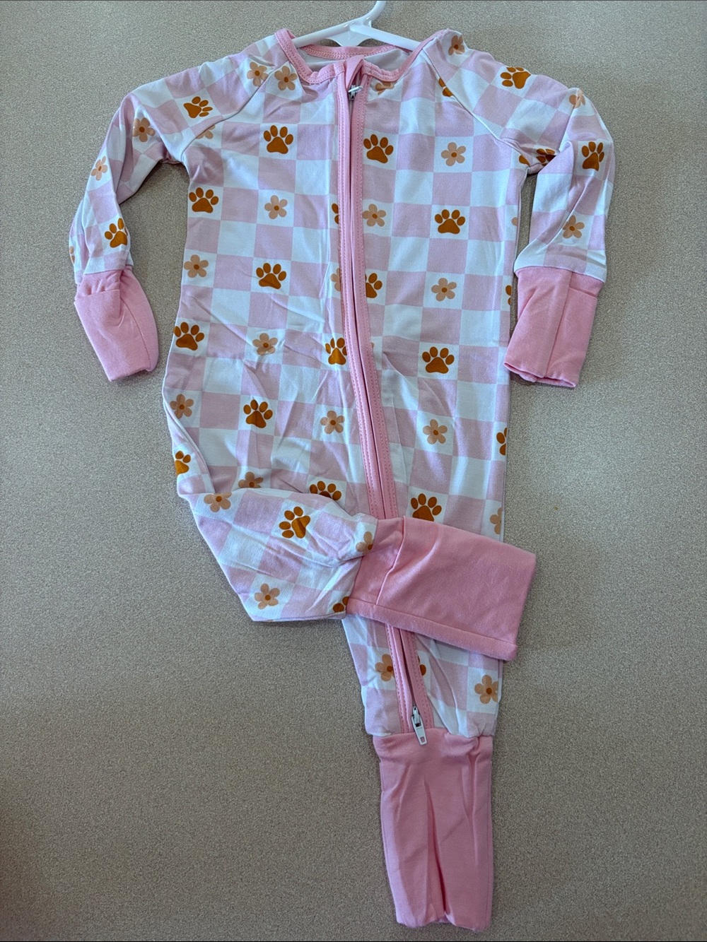 Bamboo Zippy Pink Paw-Print Checkered One-Piece Pajamas for Kids